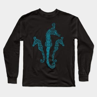 Polynesian Tribal Pattern Seahorses Hawaiian Block Print Style Long Sleeve T-Shirt